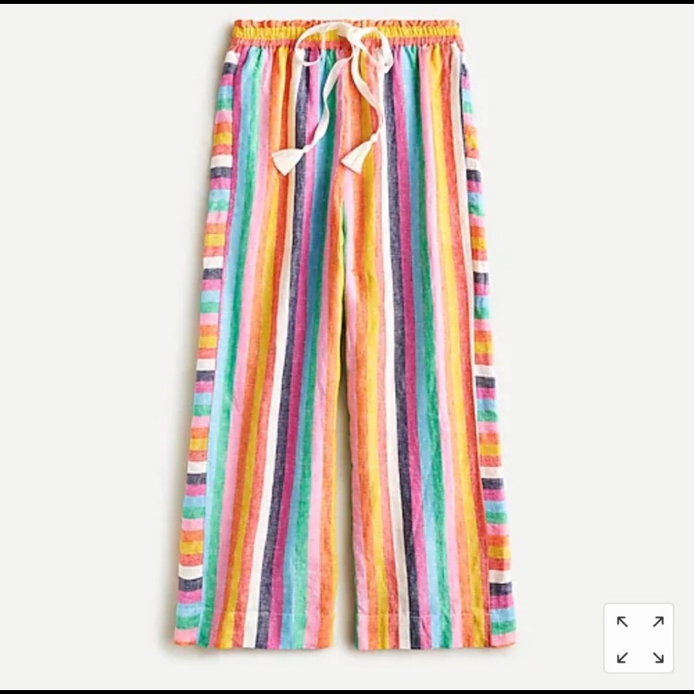 JCrew Linen Drawstring Boho pants in rainbow stripe.
